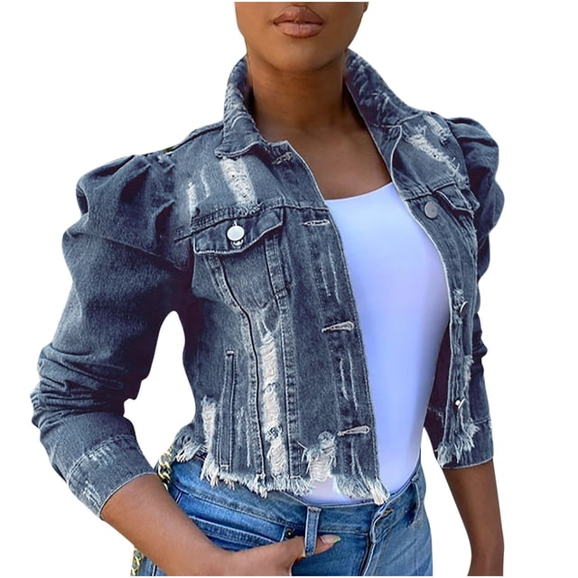CEHVOM Veste en Denim pour Femmes, Courte, à Revers, Effilochée, à Boutons, à Manches Bouffantes, Coupe Ajustée