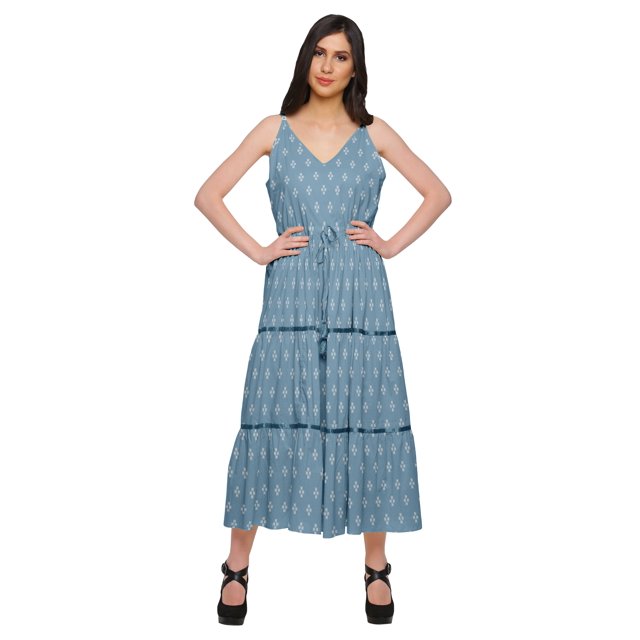 Moomaya Robe Longue maxi en Coton à Col en V Sans Manches à Bretelles Spaghetti Vêtements Décontractés