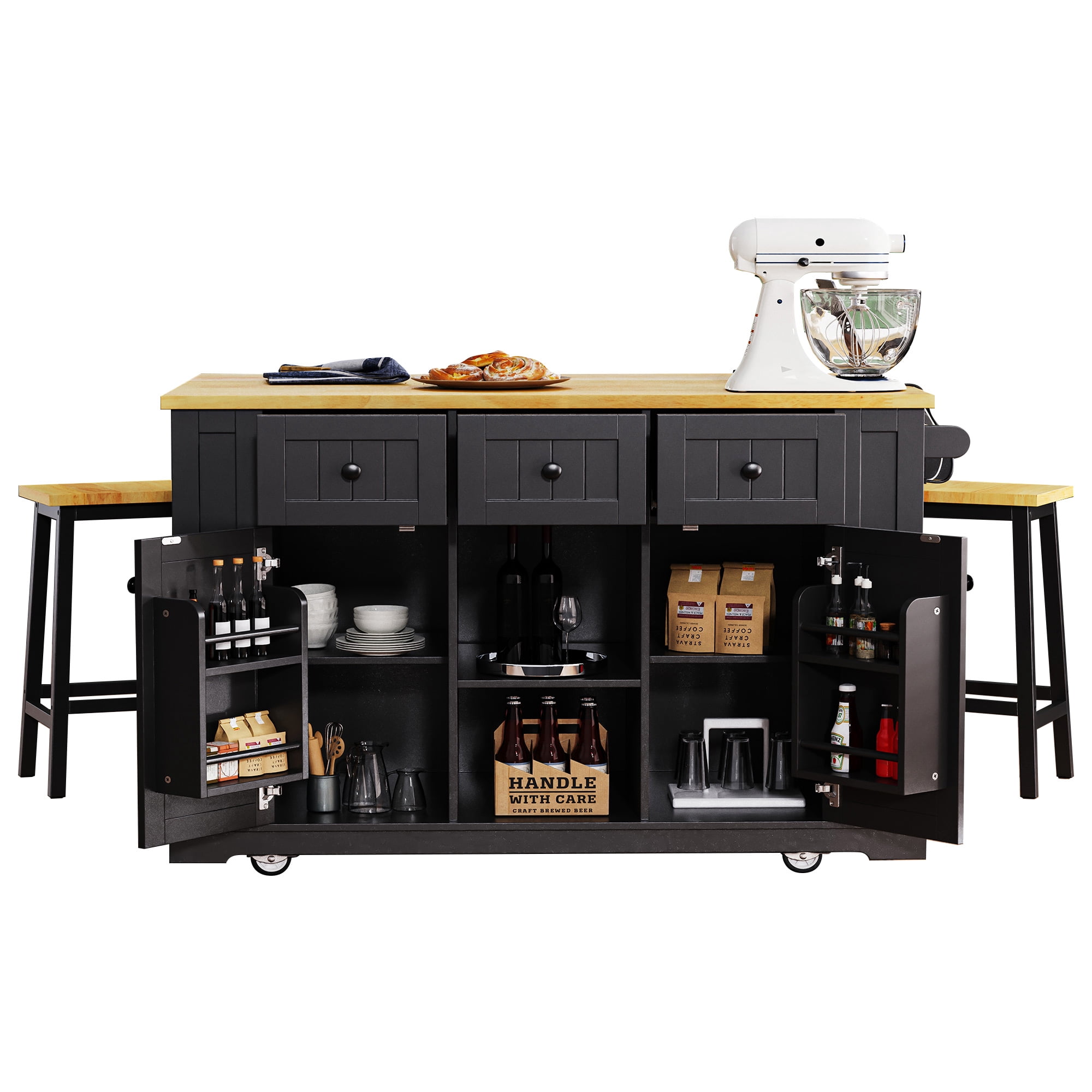 Noble House 53" Large Kitchen Island with Drop Leaf,5 Wheels 5 Open Side Racks,White