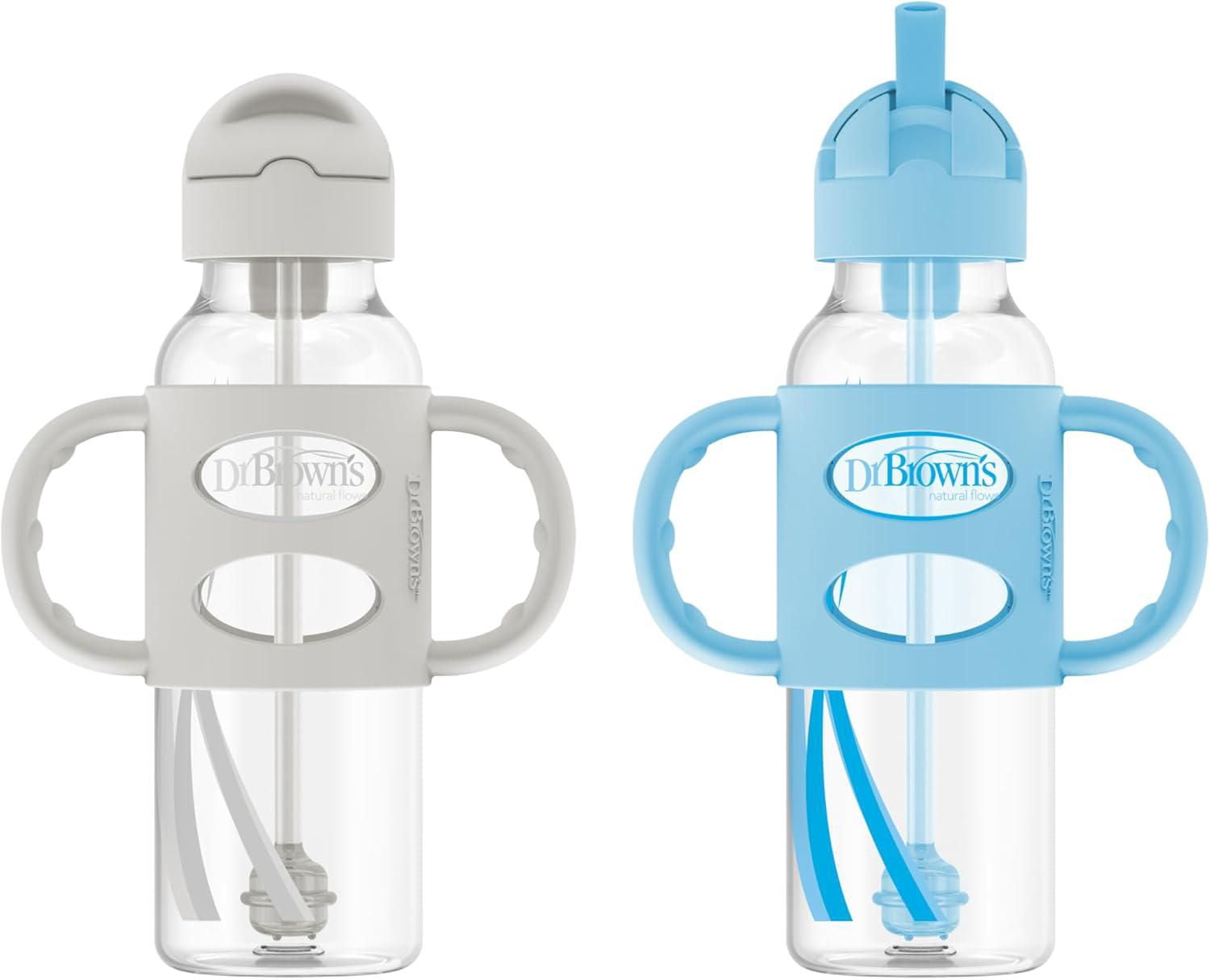 Dr. Brown's Milestones Narrow Sippy Straw Bottle, Spill-Proof with 100% Silicone Handles, Gray/Blue, 6m+, 2x8oz Bottles