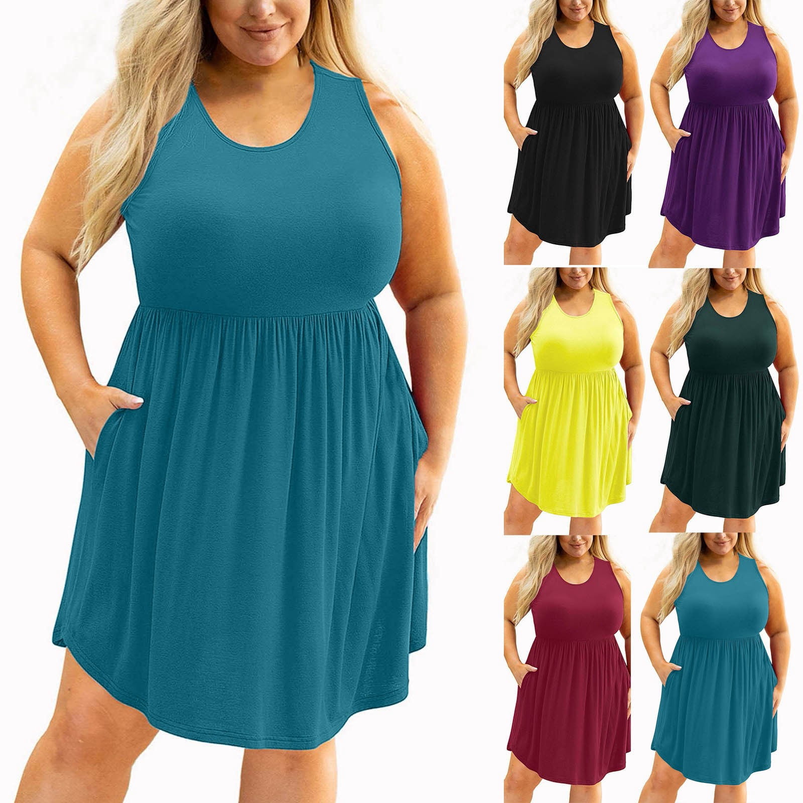 Jovati Robe Décontractée Sans Manches à Col Rond Longueur Genou pour Femmes, Couleur Unie, Poches, Mélange Polyester-Spandex, Grande Taille TG–XXXXXL, Printemps Été