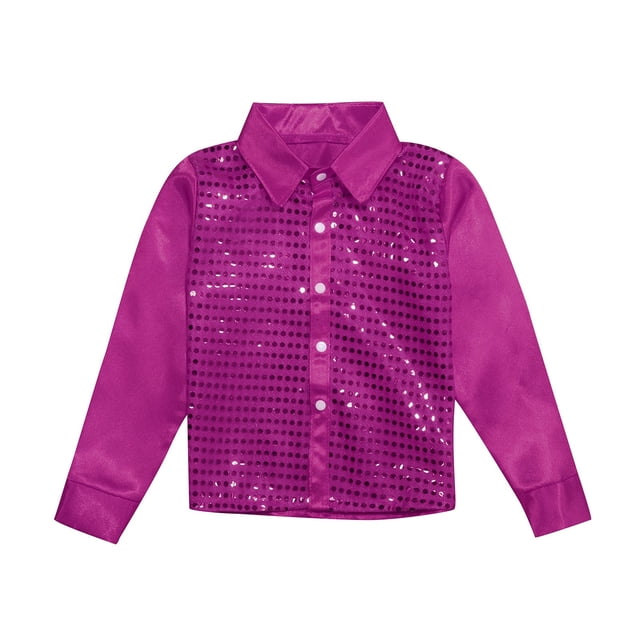 Hauts pour Garçons Chemise à Paillettes Scintillantes de Danse à Manches Longues Boutonnée pour Performance Jazz Vêtements