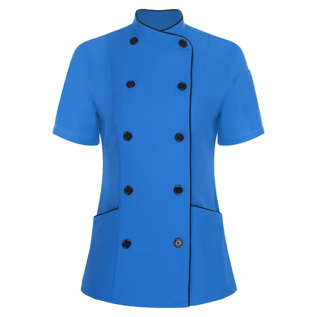 YONGHS Women's Short Sleeve Cross Collar Chef Coat Double Breasted Chef Jacket Kitchen Restaurant Work Uniform LightBlue XL