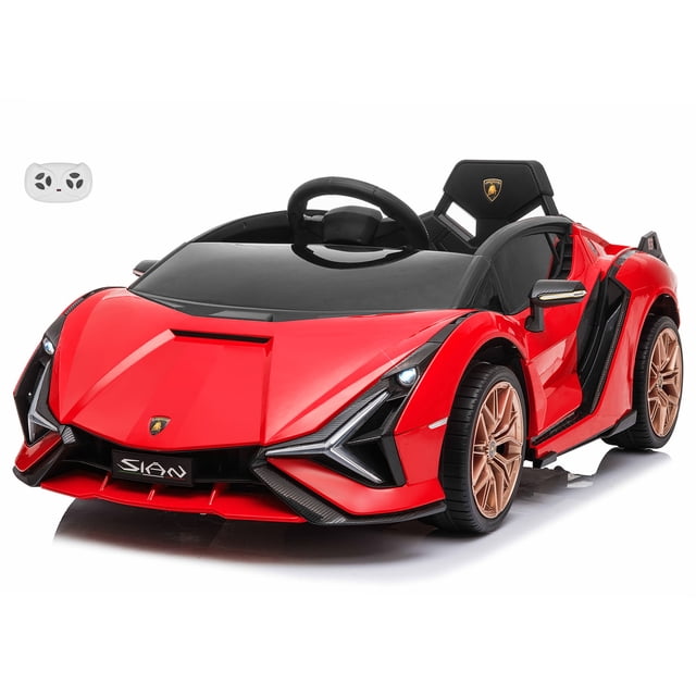 VOLTZ TOYS Lamborghini SIAN FKP 37 12V Ride on Car with Scissor Doors and Remote Control, Licensed. A red ride-on car designed for kids aged 1–5, featuring authentic Lamborghini styling, scissor doors, LED headlights, and gold-tone wheels. Includes a 12V rechargeable battery, built-in music player, and parental remote control for added safety. Suitable for smooth surfaces, with a weight capacity of up to 66 lbs and speeds of 3–5 km/h.