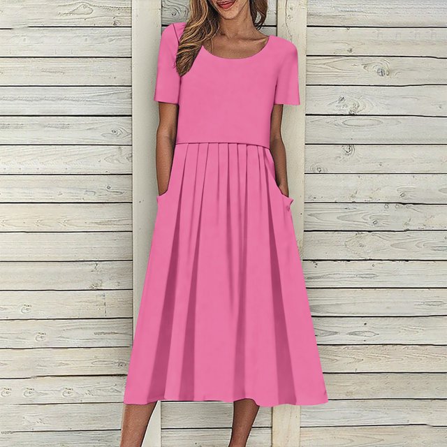 Robes d'Été pour Femmes 2025 Zeophrasy Robes de Vacances Décontractées pour Femmes Col Rond Plié Manches Courtes avec Poche Liquidation Moins de 5