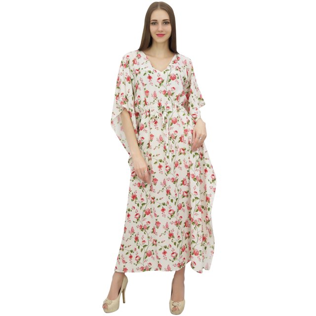 Bimba Printed Caftan Long Maxi Boho Kaftan Cover Up White Drawstring Waist-20