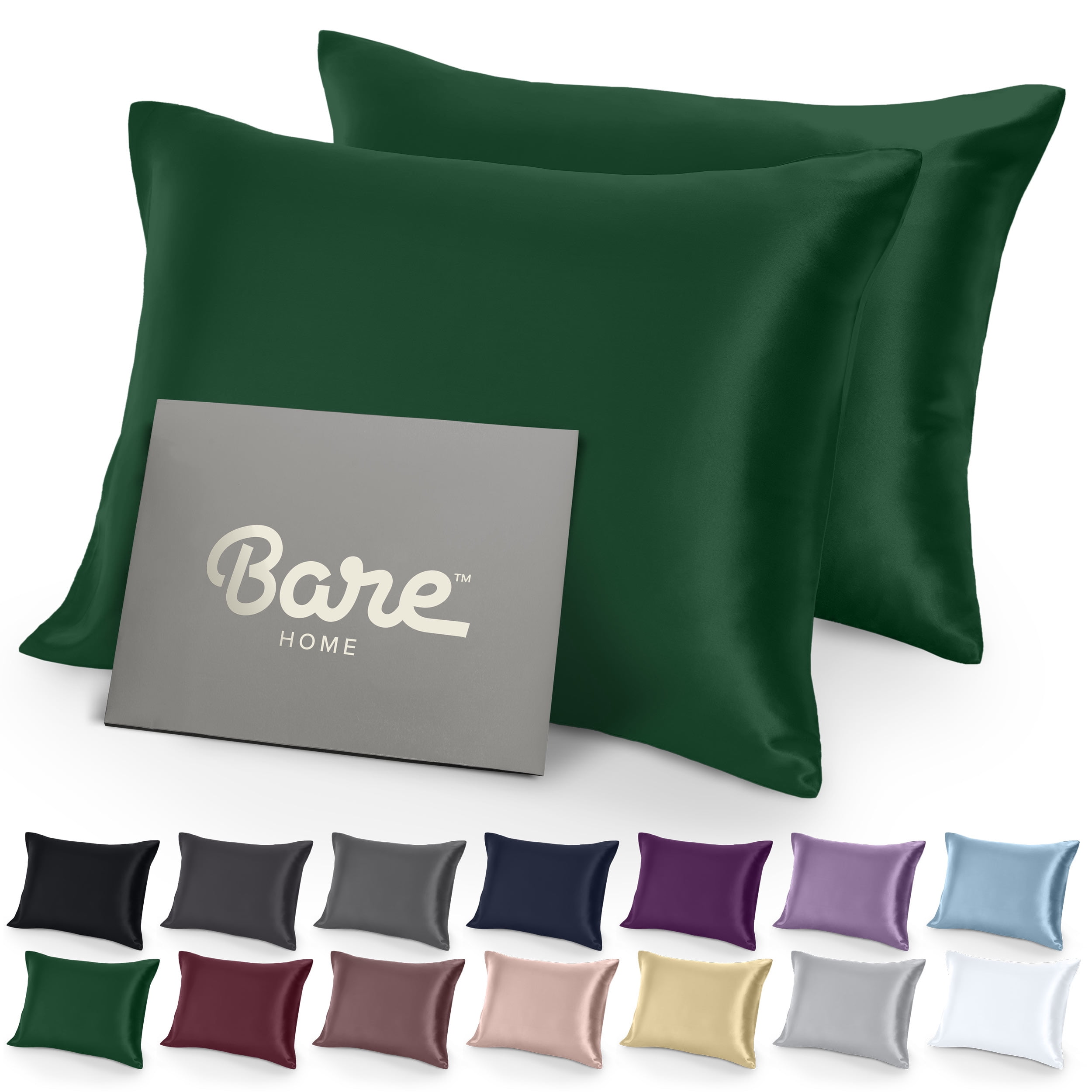 Bare Home Satin Pillowcase Set - Luxury Pillowcases - Soft and Smooth - Breathable - Envelope Closure - Queen, Forest Green