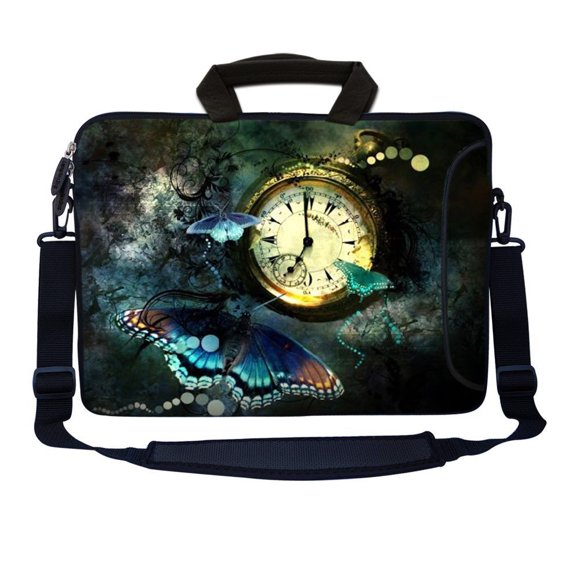 LSS 15.6 inch Laptop Sleeve Bag Notebook with Extra Side Pocket, Soft Carrying Handle & Removable Shoulder Strap for 14" 15" 15.4" 15.6" - Clock Butterfly Floral