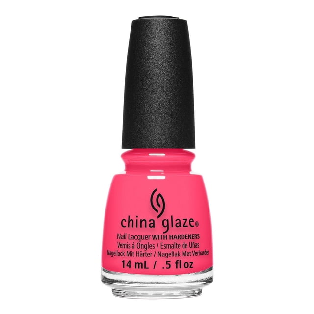 China Glaze Nail Lacquer - Red-Y To Rave - 0.5 FL OZ bright pink nail polish bottle with hardeners, clear glass base, and textured black cap, formulated for long-lasting, chip-resistant colour and shine in nail care.