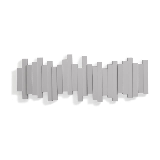 STICKS MULTI HOOK GREY wall coat rack featuring a modern sculptural design with staggered vertical grey slats and 5 flip-down hooks that fold up for a clean profile, offering versatile storage for coats and accessories in homes, offices, or dorm rooms.