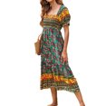 thumbnail image 3 of Faithtur Robe d'Été Bohème pour Femmes Manches Courtes Poitrine Plissée Motif Floral Style Boho Jupe à Gâteau, 3 of 5