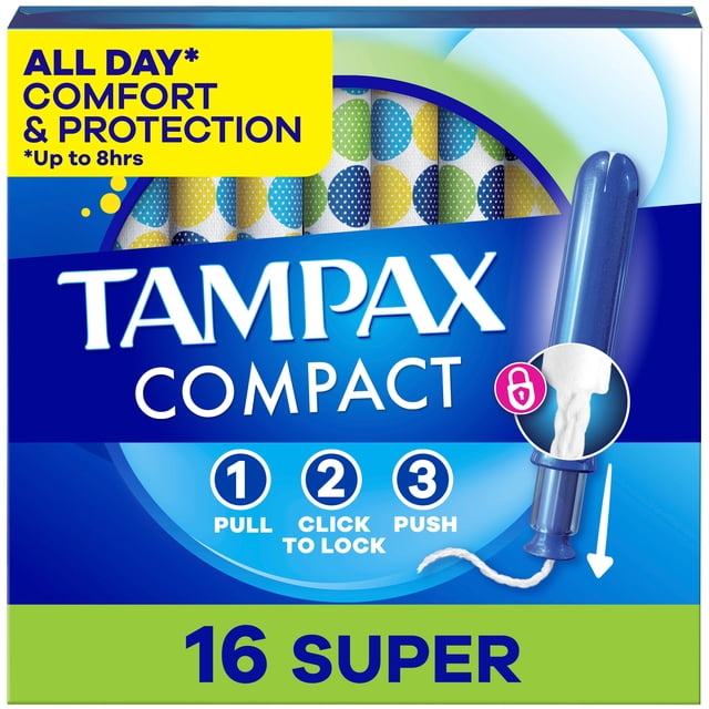 Tampax Compact Pearl Tampons box showing a blue compact extendable applicator with white tampon string and LeakGuard Braid for leak protection. Packaging features colorful polka dots and instructions to pull, click to lock, and push. Contains 16 super absorbency tampons providing up to 8 hours of all-day comfort and discreet period protection.