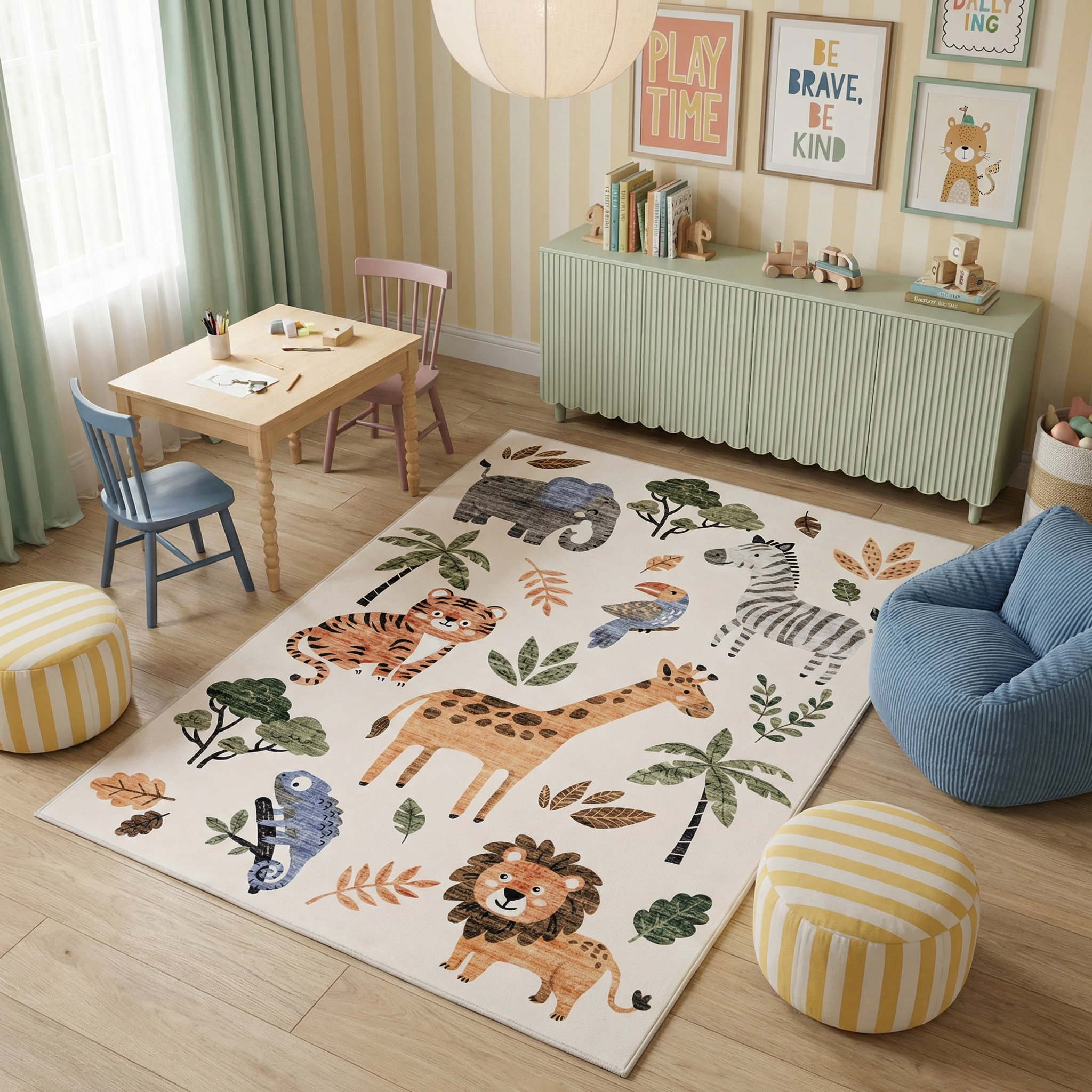 Rug Branch Soft Steps Playtime Cartoon Animals, Tapis d'apprentissage educatif doux, blanc beige - Garcons et filles dans la salle de jeux, la creche, la chambre a coucher