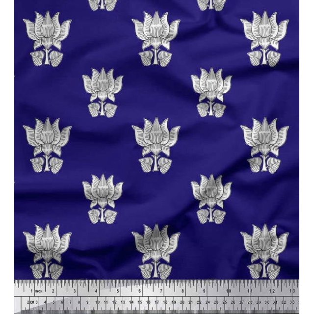 Soimoi Japan Crepe Satin Fabric Leaves & Lotus Block Print Fabric by Yard 42 Inch Wide