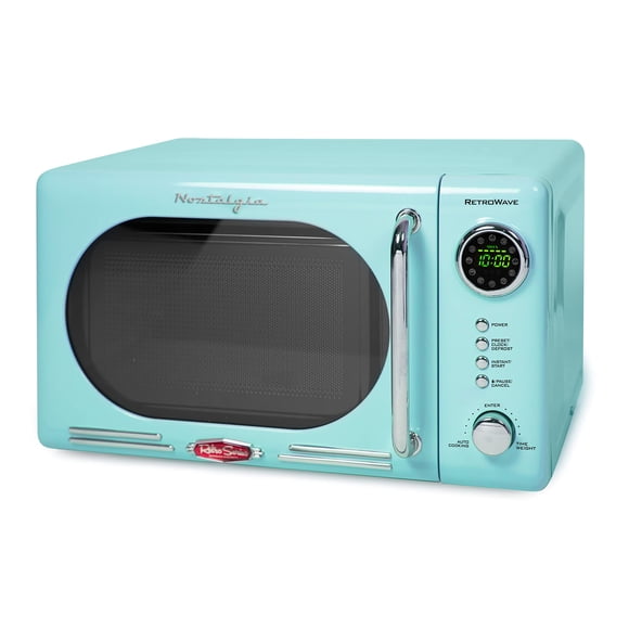 Nostalgia Four à Micro-Ondes Rétro Compact de Comptoir, 0,7 Pi3 700 Watts avec Écran Numérique DEL, Verrouillage pour Enfants, Intérieur Facile à Nettoyer, Aqua