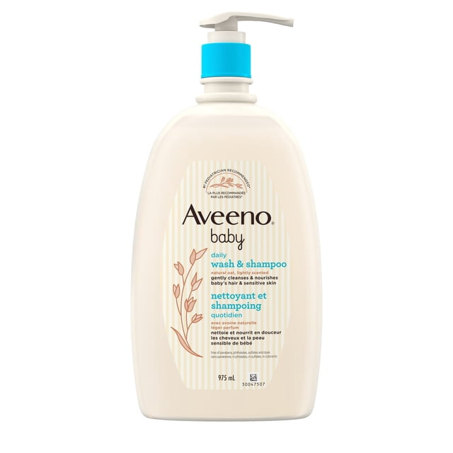 Aveeno Baby Daily Wash & Shampoo 975 mL pump bottle with natural oat extract formula that gently cleanses and nourishes baby's hair and sensitive skin, paraben-free, sulfate-free, phthalate-free, lightly scented, bilingual English and French label on cream-colored container with blue pump and oat graphic