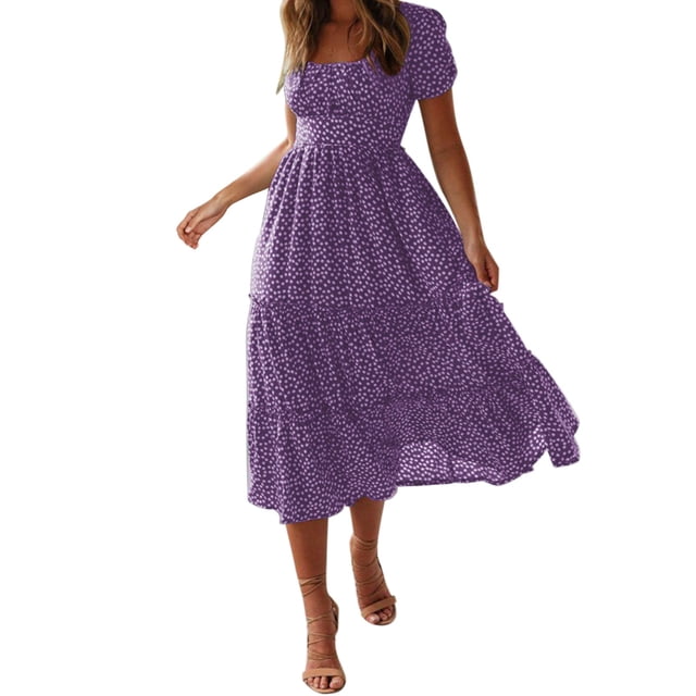 2025 Robe d'Été pour Femmes Robe Évasée pour Femmes Robe Décontractée à Manches Robe à Imprimé Floral Robes pour Femme Décontractées Fluide Midi