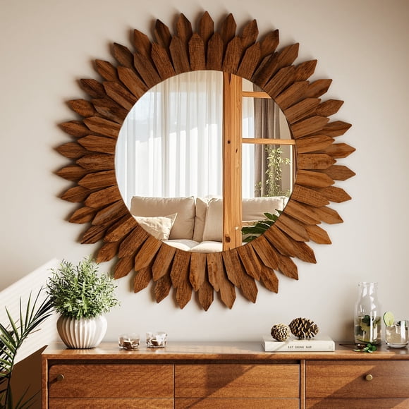 BEAUTYPEAK Miroir Mural Rond en Bois 24 Po, Effet Soleil, Brun Foncé