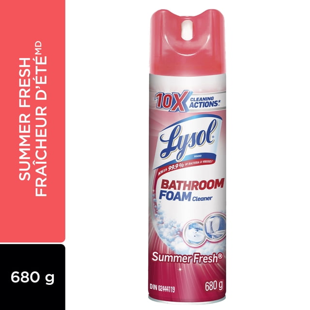 Lysol Bathroom Cleaning Foam Summer Fresh 680 g aerosol can with red cap, kills 99.9% of bacteria and viruses, provides 10X cleaning actions to remove soap scum and lime scale, disinfecting bathroom surfaces with a fresh scent.