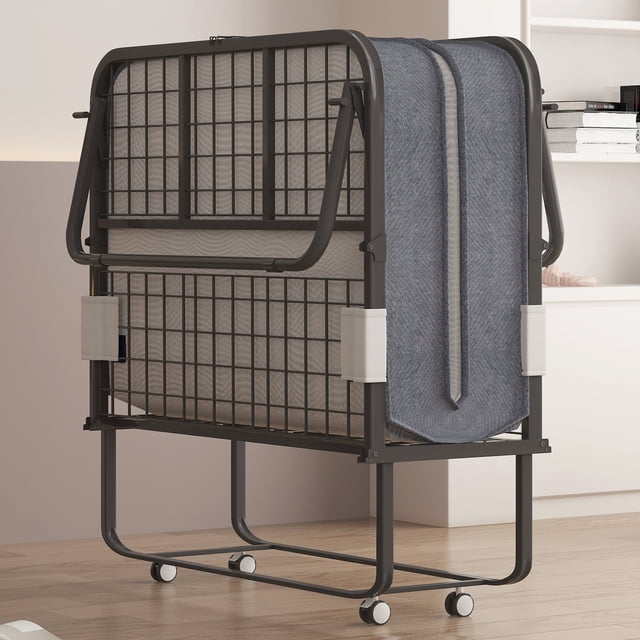 Puremind Folding Bed with 4 Inch Foam Mattress, 75" x 31" Rollaway Bed for Adults, Portable Bed with Lockable Wheels, Easy Assembly & Moving, Standard Sturdy black metal-frame folding bed with 4-inch foam mattress and 4 lockable swivel casters; folds for compact storage and requires assembly. Portable guest bed suitable for temporary camping or overnight stays.