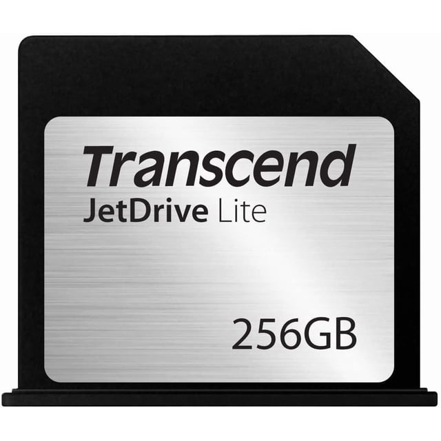 Transcend JetDrive Lite 130 Carte d'Extension de Stockage 256 Go pour MacBook Air de 13 Pouces, Dotée d'Un Boîtier en Plastique Noir avec une Étiquette Argent Brossée Affichant la Marque et la Capacité, Conçue pour s'Insérer au Ras du Logement de la Carte SD MacBook Air pour une Extension de Stockage Fluide et une Sauvegarde de Données Fiable.