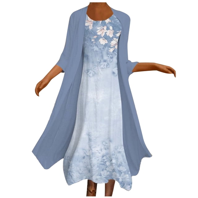 Vente de Liquidation Robe Deux Pièces Ample à Imprimé pour Femme Grande Taille, Manches 3/4, Col Rond, Jupe