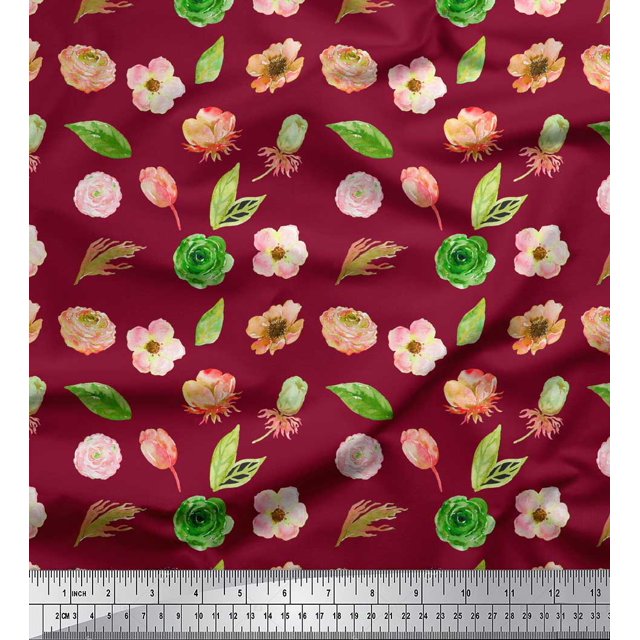 Soimoi Red polyester Crepe Fabric Anemone & Leaves Decor Fabric Printed Yard 42 Inch Wide