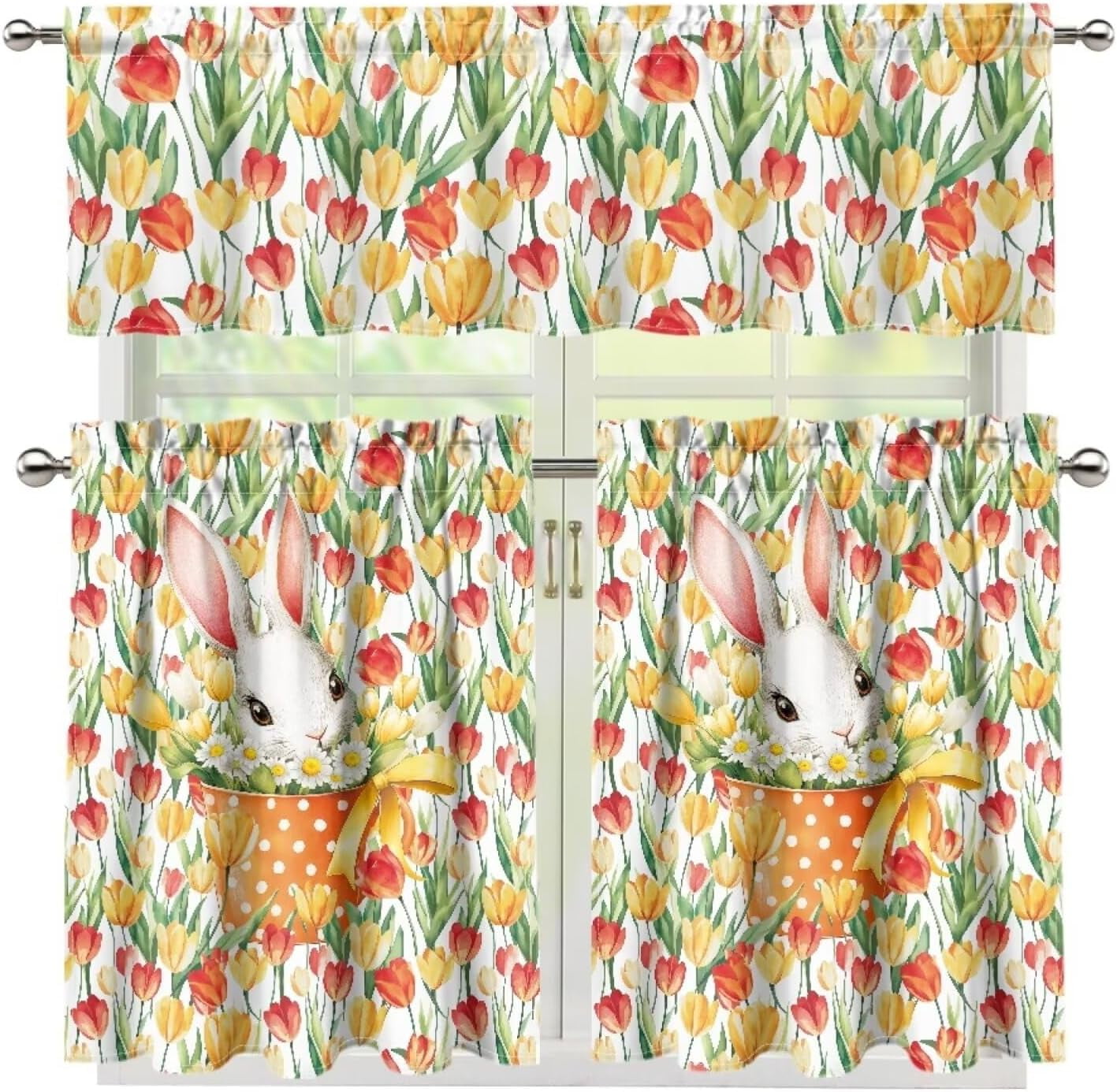 Tulip Flower and Rabbit Kitchen Curtain and Valance Set 3 Piece Blackout Kitchen Window Curtain Happy Easter Day Curtain Tiers and Valance,Size M