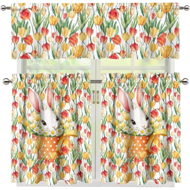 Tulip Flower and Rabbit Kitchen Curtain and Valance Set 3 Piece Blackout Kitchen Window Curtain Happy Easter Day Curtain Tiers and Valance,Size M