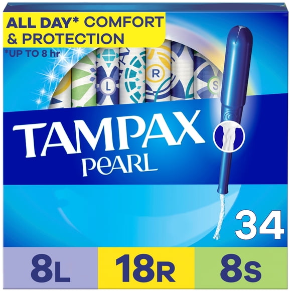 Tampax Pearl Tampons Multipack, with LeakGuard Braid, Light/Regular/Super Absorbency, Unscented 34 count