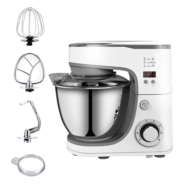 Batteur sur Socle Multifonction 1000 W à Tête Inclinable, Mélangeur de Pâte Alimentaire Électrique de Cuisine, Blanc, avec Bol en Acier Inoxydable de 5,2 L. Comprend un Moteur de 1000 W, 6 Niveaux de Vitesse et une Minuterie de 10 Minutes. Accessoires Inclus : Crochet à Pâte, Fouet à Oeufs, Batteur Plat et Couvercle. Idéal pour Mélanger la Pâte à Pain, les Pâtes et Préparer des Gâteaux, des Biscuits et Plus.