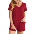thumbnail image 1 of 2PC Women's V Neck Short Sleeve Two-piece Comfortable Home Pajamas Set Sports Set, 1 of 8