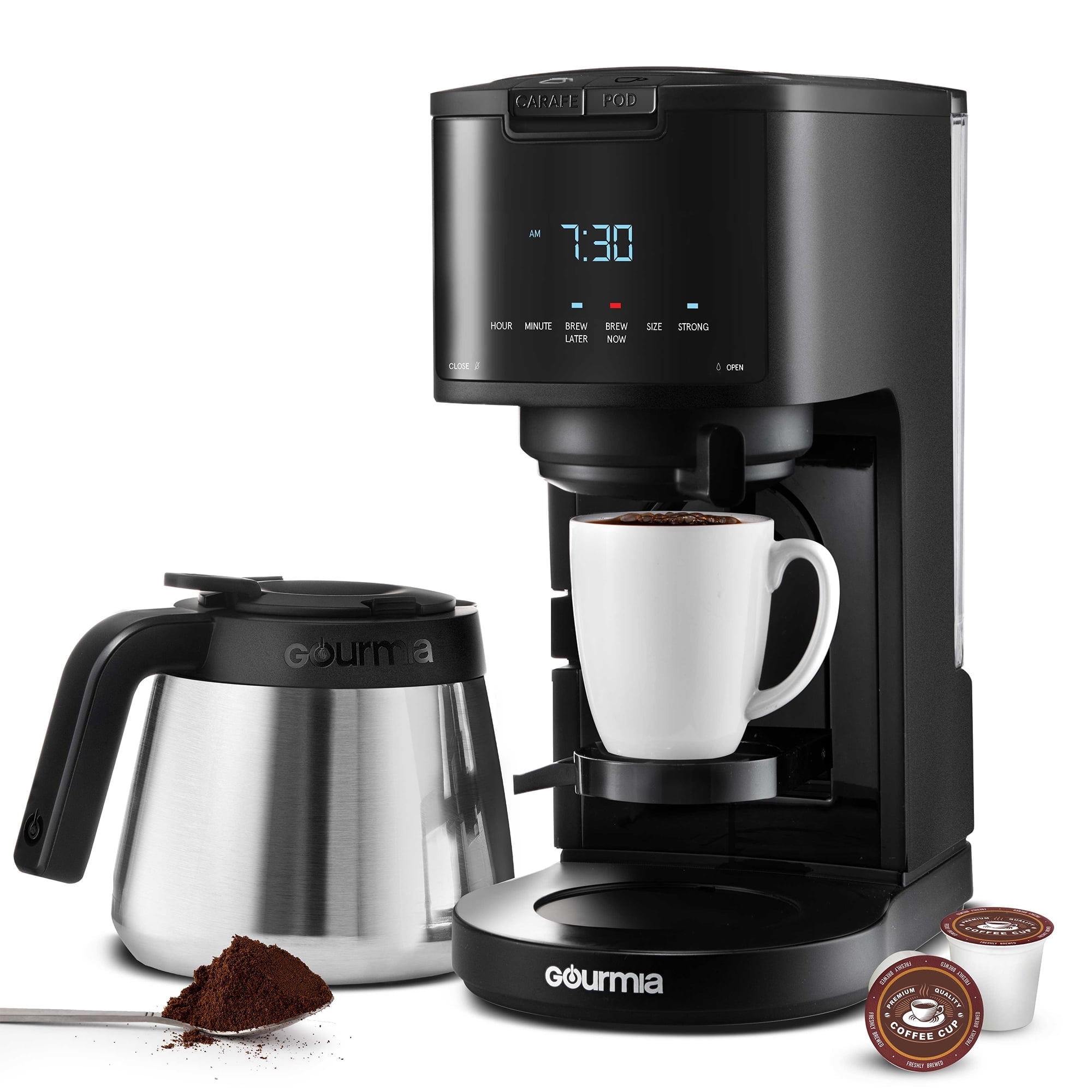 Gourmia 2-in-1 Coffee Maker Single Serve & 12 Cup with Thermal Carafe, Pod Compatible, Black