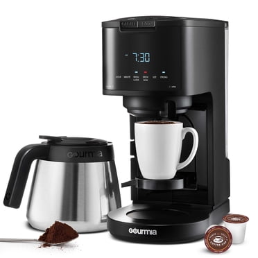 Gourmia Cafetière 2-en-1 à Portion Individuelle et 12 Tasses avec Carafe Thermique, Compatible avec Dosettes, Noir
