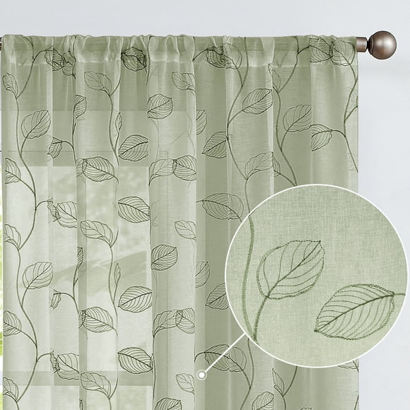 Curtainking Sheer Curtains for Living Room Embroidered Leaf Window Curtains 96 inch Length light Filtering Drapes Bedroom Rod Pocket 2 Panels Sage