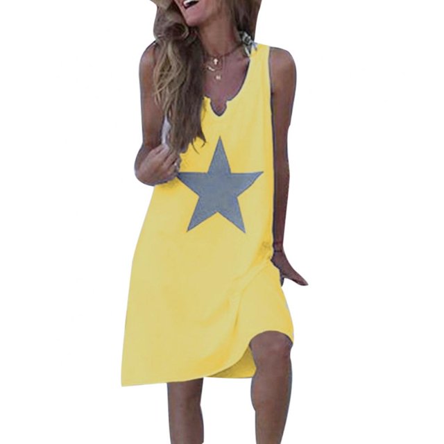 Robe d'Été pour Femmes Imprimé Étoile Ample Col en V Sans Manches Robe Décontractée Vêtements d'Été pour Femmes