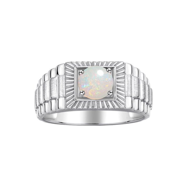 RYLOS Men's Ring 14K White Gold Ring, 7MM Round Shape Gemstone Designer Style Ring Fun & Fabulous Opal October Birthstone Rings Gold Size 9