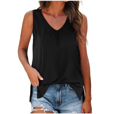Timegard Summer Tank Tops for Women Side Split V Neck Sleeveless Shirts Casual Sports Solid Color Top