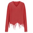 thumbnail image 4 of Dagegui Womens Off the Shoulder Sweater Solid V Neck Long Sleeve Loose Knitted Pullover Ripped Crop Top Red,S, 4 of 6