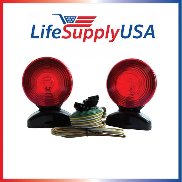 LifeSupplyUSA Ensemble de Lumières DEL Volt Magnétiques pour Remorque, Vue Orientée vers l'Avant d'Un Ensemble de Lumières de Remorquage DEL avec Boîtiers DEL sur bases Magnétiques, Connecteur Plat à 4 Fils et Faisceau de Fils de 20 Pi (6,1 m); Prend en Charge les Signaux de Clignotants, d'Arrêt et de Queue pour auto, Bateau, VR et Remorque et Est Souvent Utilisé comme Feux de Repérage Temporaires.