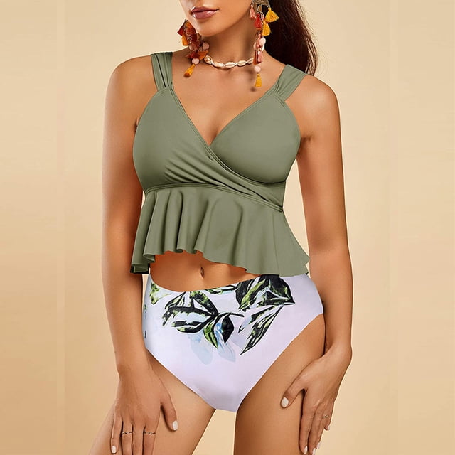 TIMIFIS Maillot de Bain Bikini Taille Haute pour Femme, Imprimé Floral, à Nouer, Deux Pièces