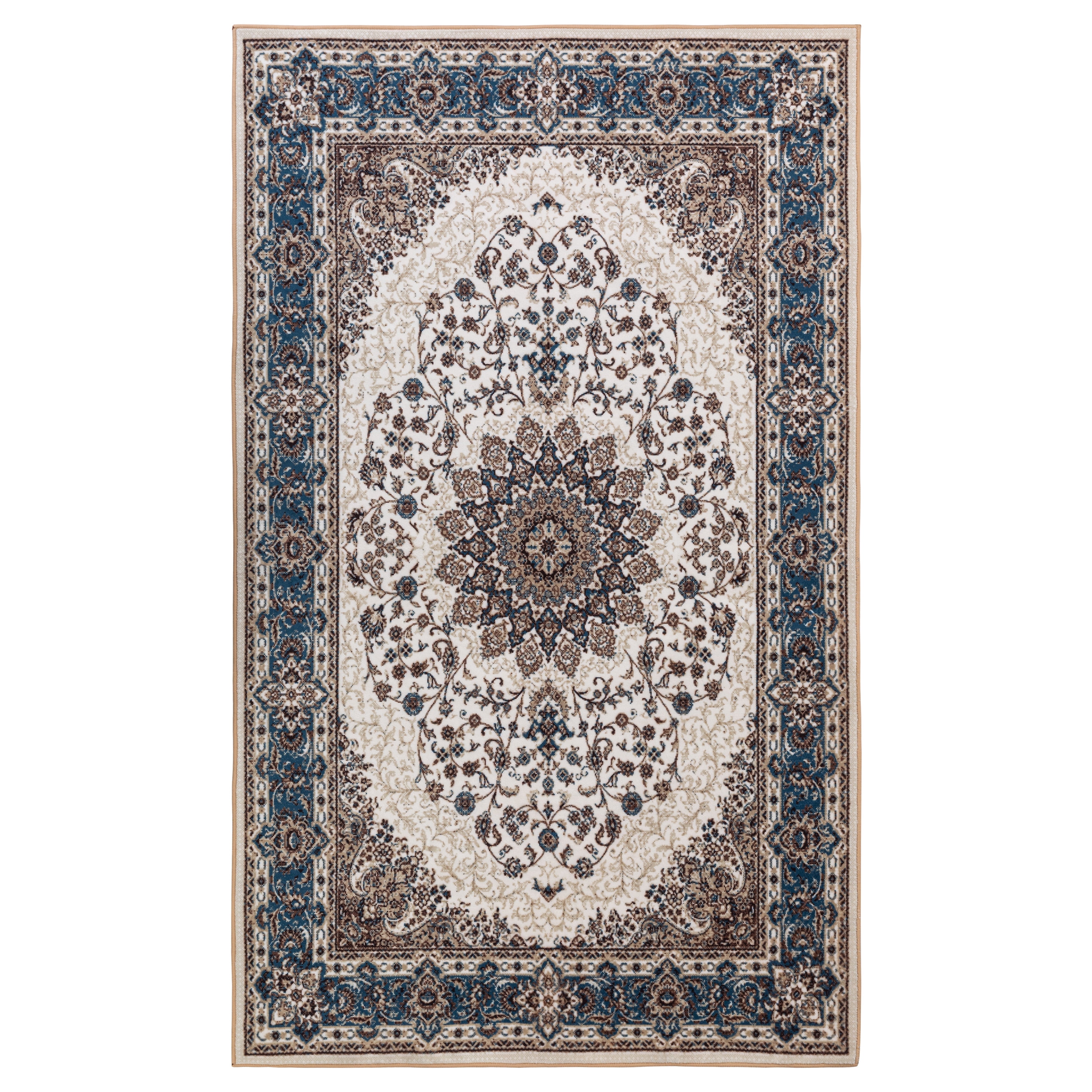 JML Area Rug 5'x7' Retro Accent Non-Slip Indoor Carpet Khaki & Navy Floral Foldable Rugs for Living Room Bedroom Office Home Decor