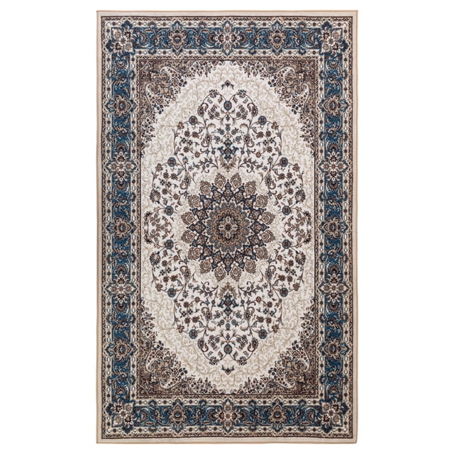 JML Area Rug 5'x7' Retro Accent Non-Slip Indoor Carpet in khaki and navy floral design. Features a Persian-inspired pattern with intricate detailing, made from durable premium polyester with a low pile thickness of 0.2 inches. Includes a TPR rubber non-slip backing for stability. Ideal for home decor in living rooms, bedrooms, offices, kitchens, and entryways. Easy to clean and foldable for convenience.
