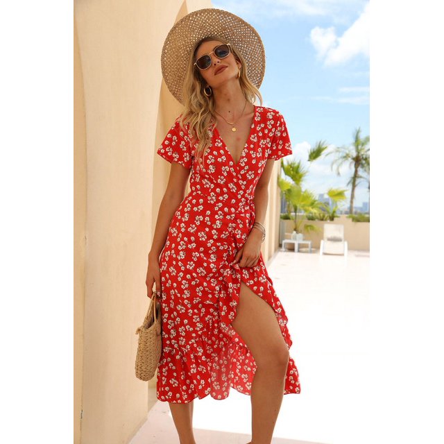 Robe Aguichant en Chiffon pour Femmes Robe à Imprimé Floral Robe à Lacets Col en V Jupe de Plage Fendue à Volants Asymétrique Style Décontracté