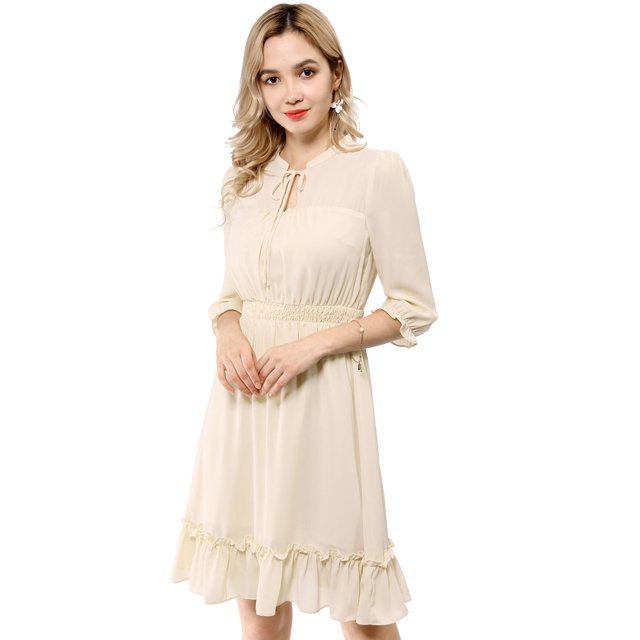 INSPIRE CHIC Women's Ruffle Hem 3/4 Sleeve Smocked a-Line Dress