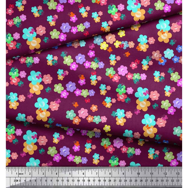 Soimoi Pink polyester Crepe Fabric Insect & Floral Clip Art Print Fabric by The Yard 52 Inch Wide