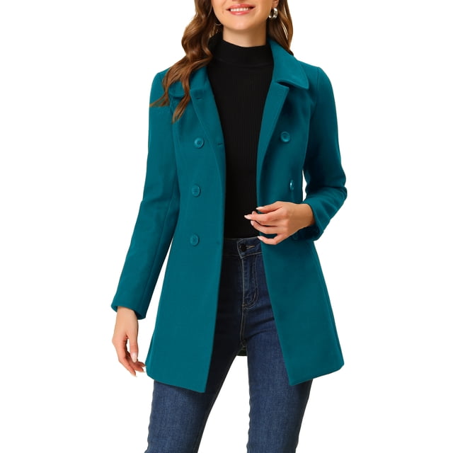 INSPIRE CHIC Manteau pour Femme à Col Peter Pan, Pardessus à Double Boutonnage, Trench d'Hiver Caban Bleu Lac L
