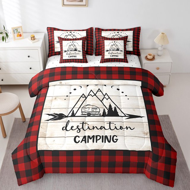 Erosebridal Happy Camping Bedding King Comforter Set, Rustic Camper Down Comforter, Red Plaid decor, 7pcs