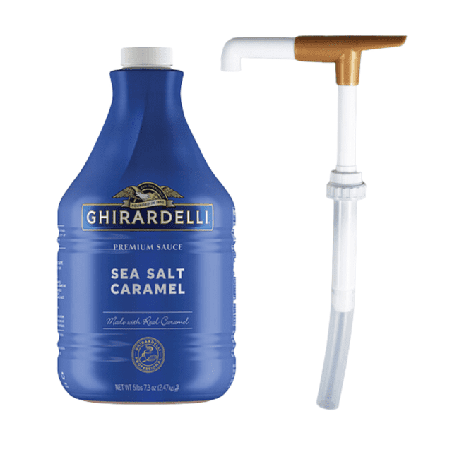 Ghirardelli Sauce Aromatisante au Caramel au Sel de Mer – Fusion Décadente de Sucre Brûlé et de Sel de Mer, Bouteille Professionnelle en Vrac de 64 fl oz (1,89 L) avec Pompe Doseuse de Précision Bonus