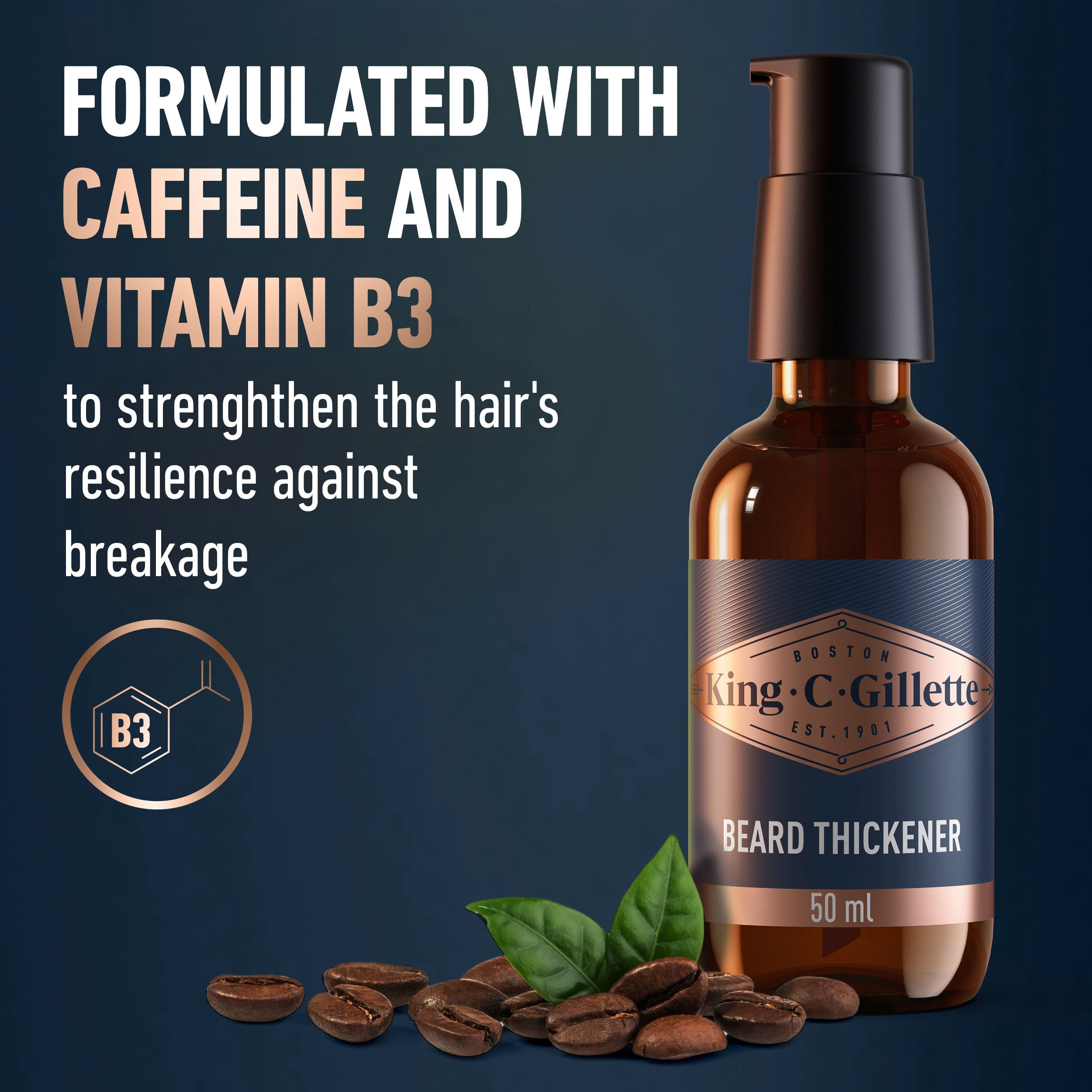 King C. Gillette Beard Thickener infused with caffeine, and King C. Gillette Signature Scent